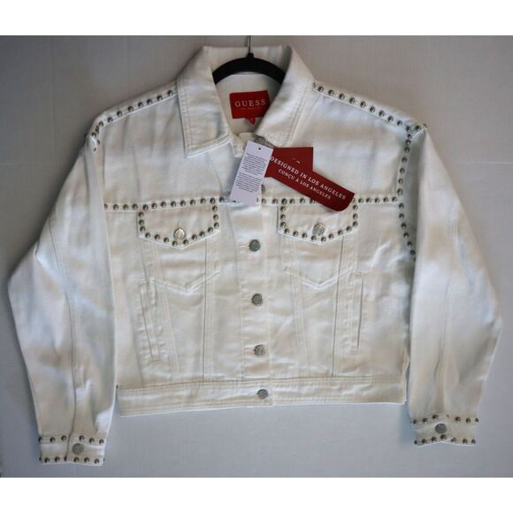 Guess Women's Sz S Kikoi Flower White Cara Floral Studded Denim Jacket - Picture 13 of 14